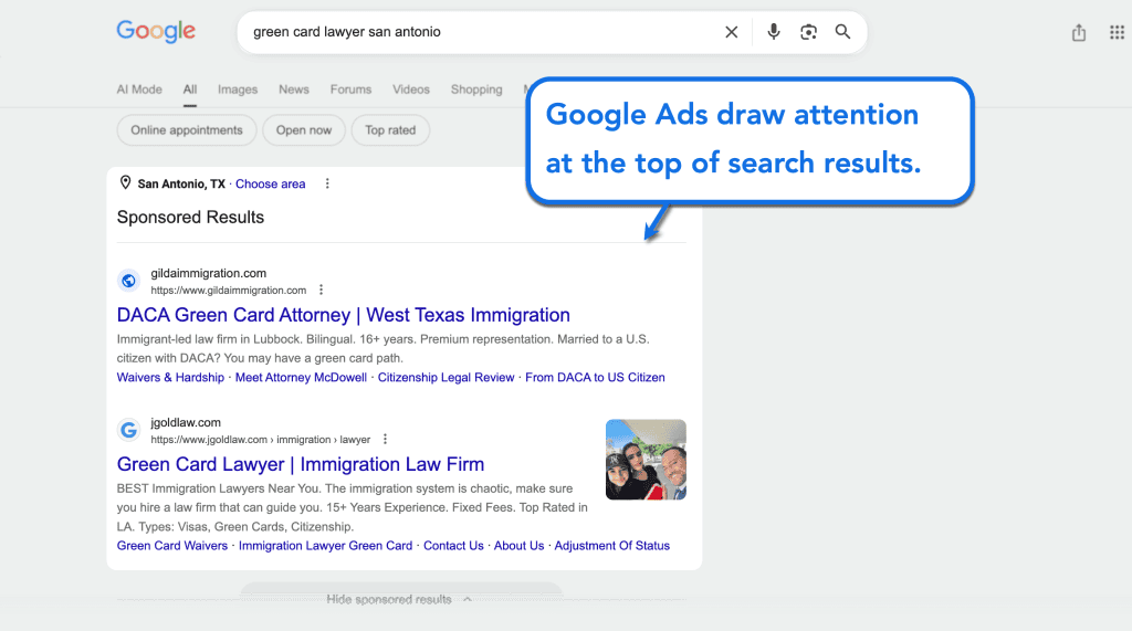 Google Ads vs LSAs for Law Firms: What's the Difference & Where to Spend Your Budget 2 Google ads in SERP